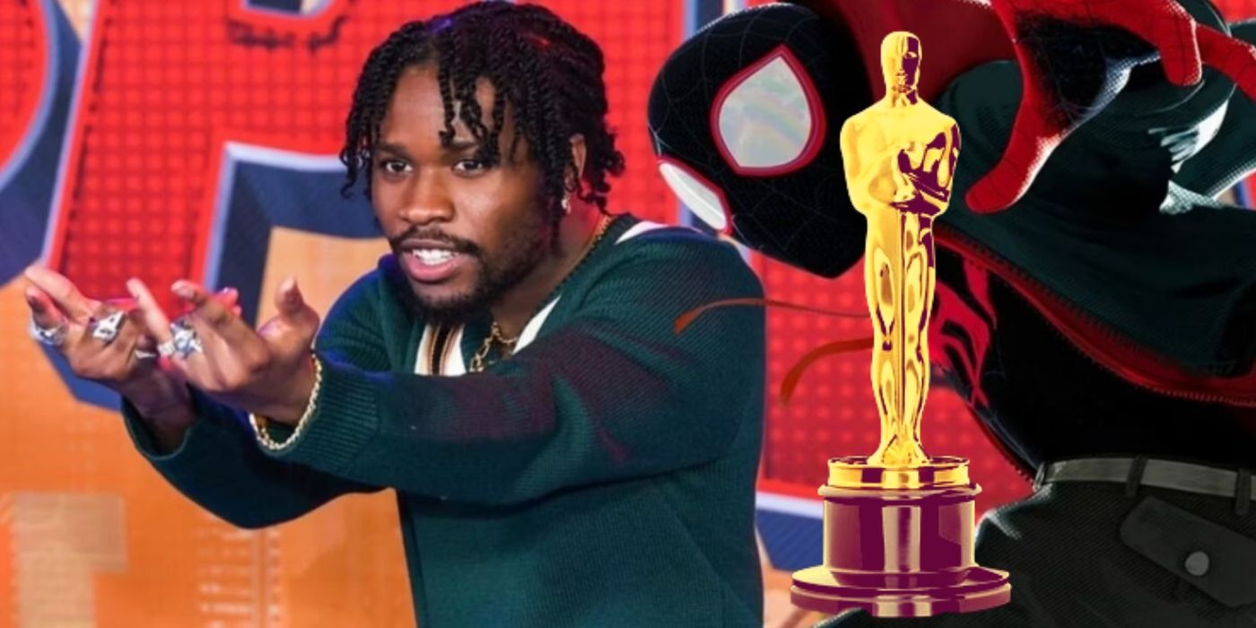 Shameik Moore as Miles Morales with Spider-Man Across the Spider-Verse and an Academy Award Oscar statue