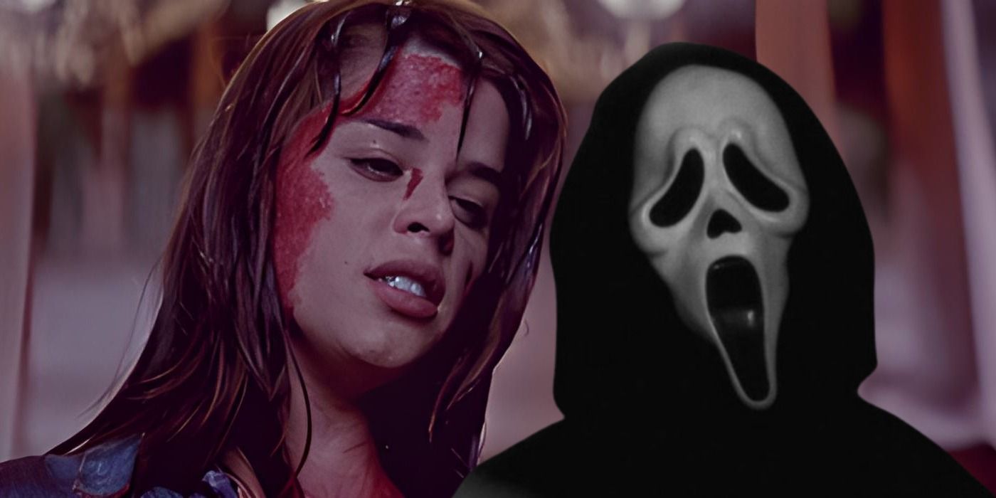 Neve Campbell as Sidney Prescott with blood on her head and hair with Ghostface in an edited image of Scream