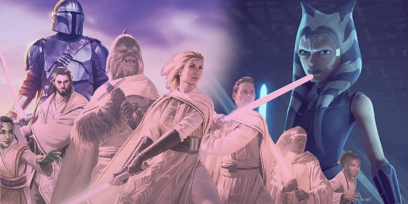 An edited image of High Republic Jedi wielding lightsabers with both Din Djarin From The Mandalorian and Ahsoka