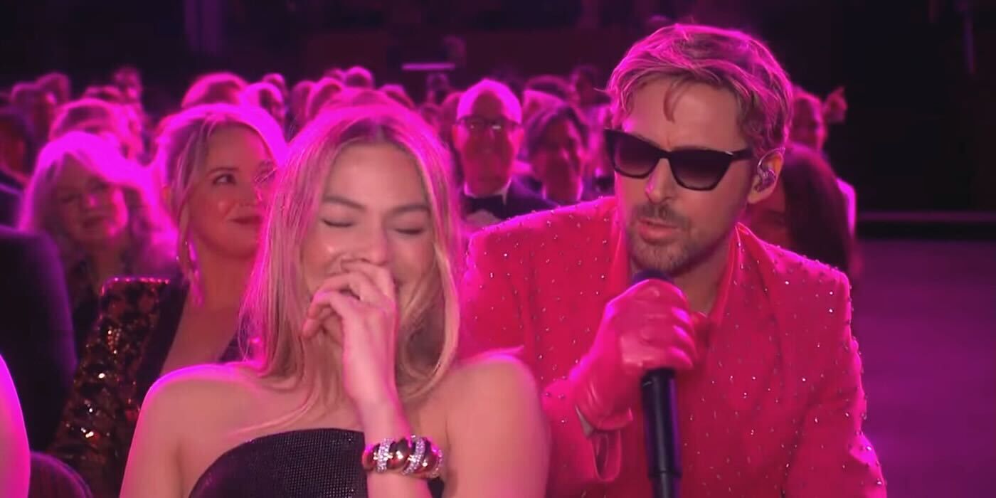 Ryan Gosling singing Im Just Ken while Margot Robbie laughs