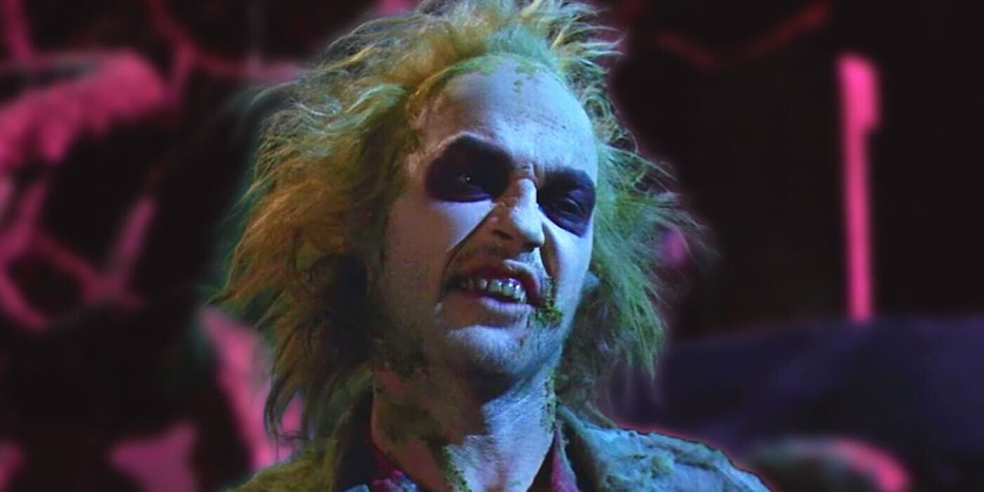 Michael Keaton pulling a disgusted face as Beetlejuice