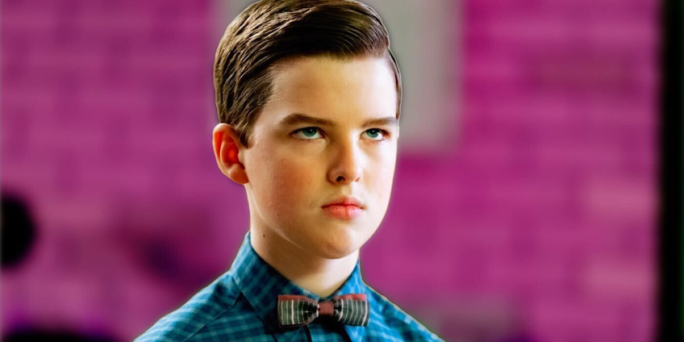 Young Sheldon looking annoyed with purple background