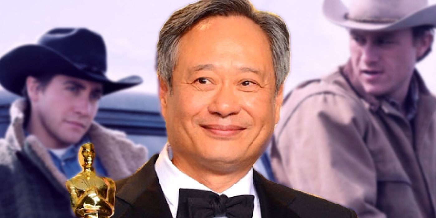 Ang Lee holding an Oscar against Brokeback Mountain background