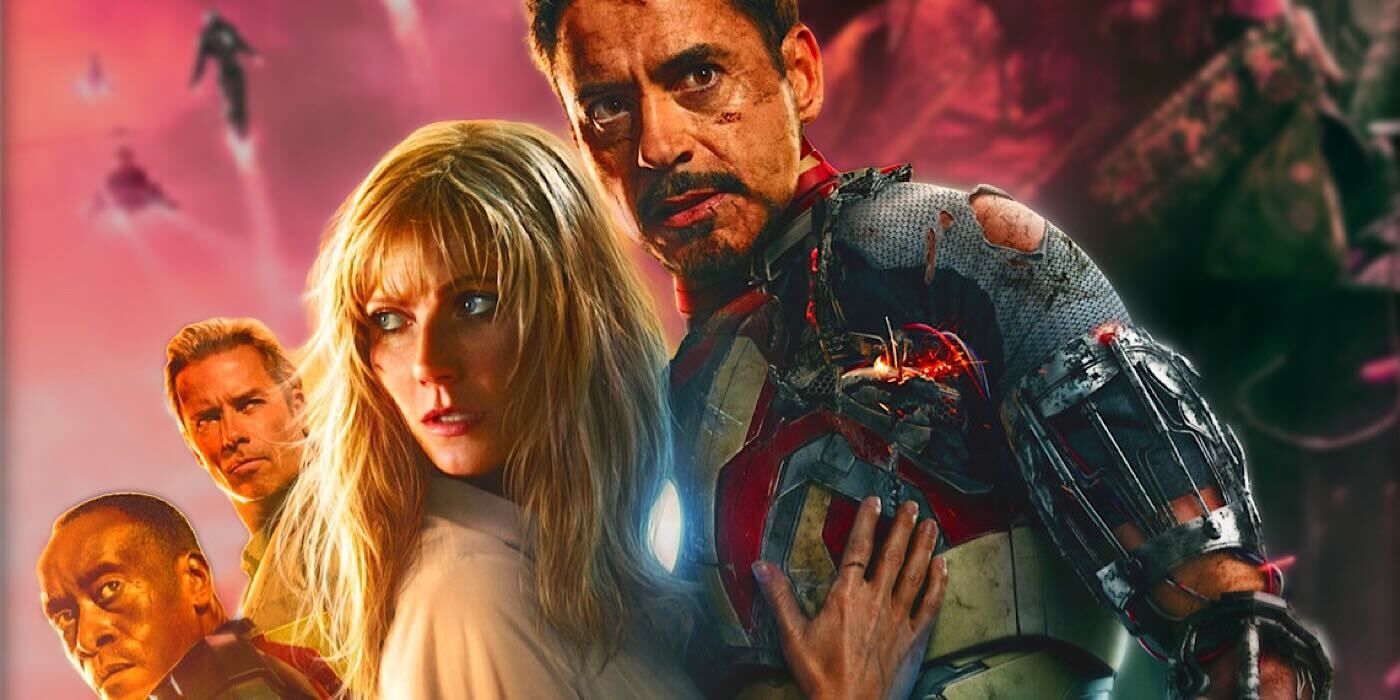 Iron Man behind held by Pepper Potts on Iron Man 3 Poster