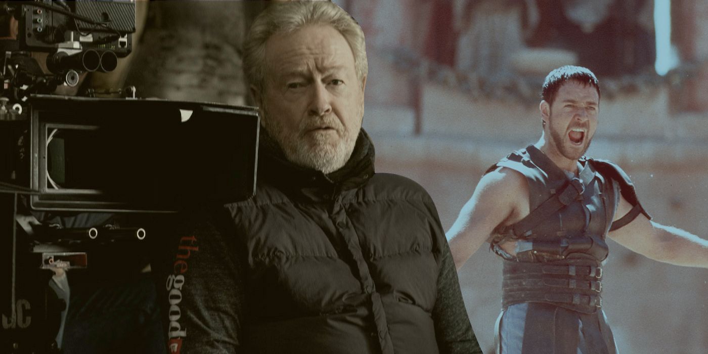 An edited image of Ridley Scott with a film camera next to Russell Crowe wearing armor in Gladiator