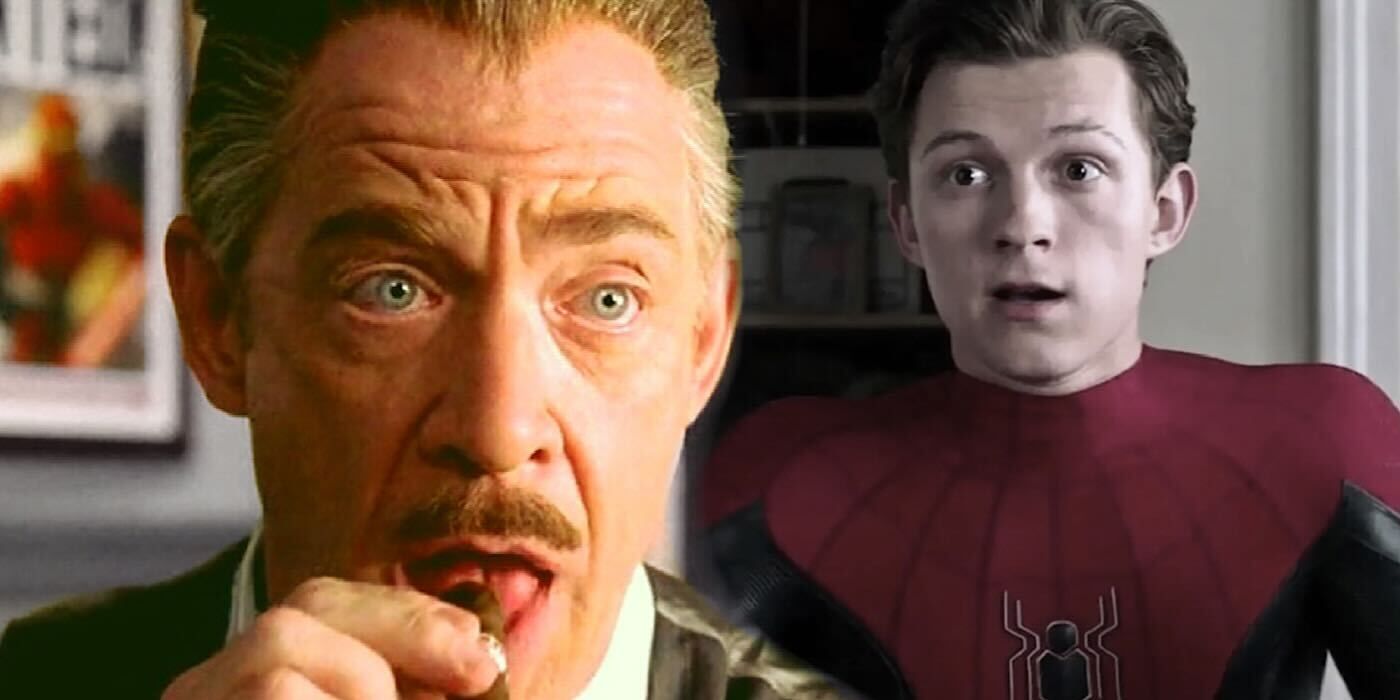 J Jonah Jameson shocked with cigar with Tom Holland as Spider-Man
