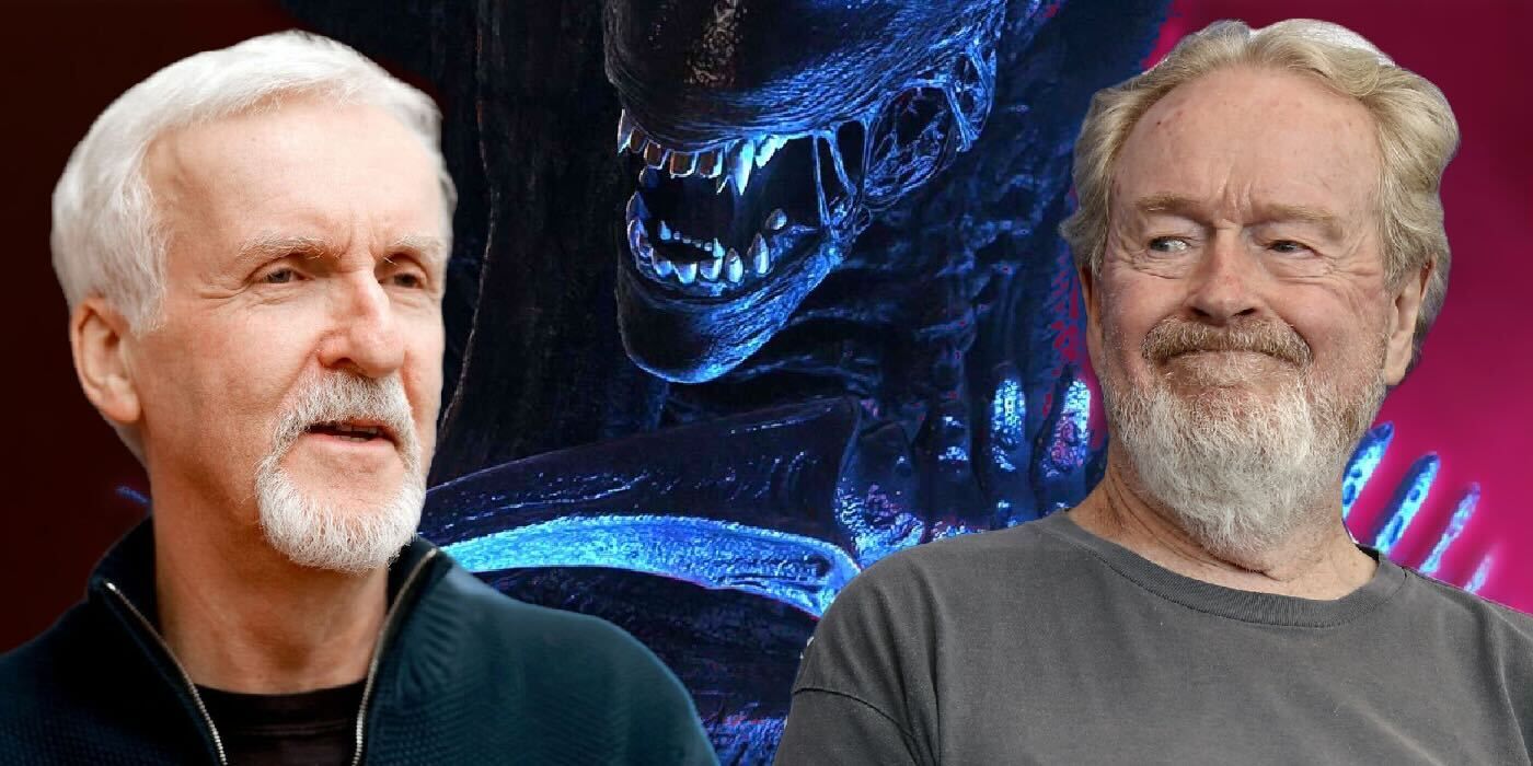 James Cameron and Ridley Scott with a xenomorph in the background