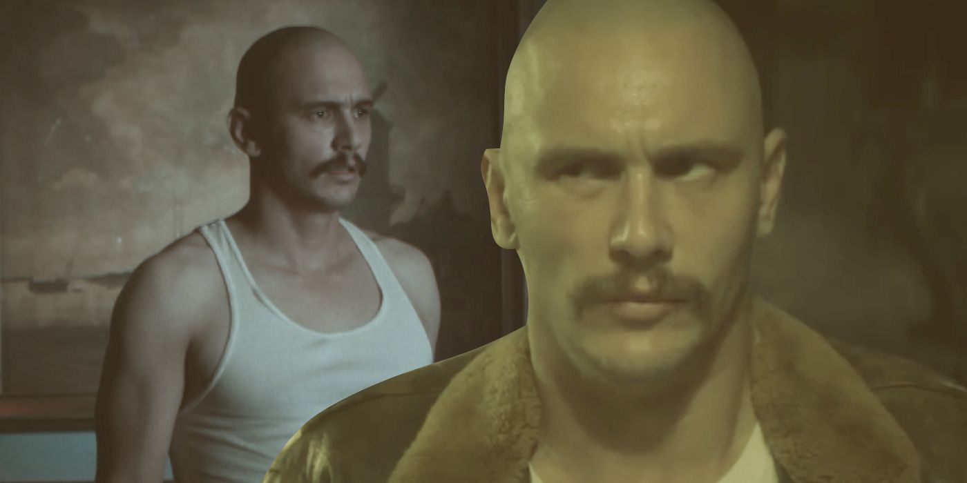 James Franco with a bald head and mustache wearing a jacket and tank top in an edited image of Zeroville