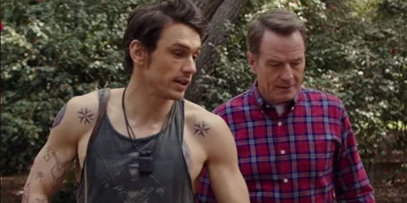 James Franco with tattoos on his arms and chest with Bryan Cranston in Why Him?
