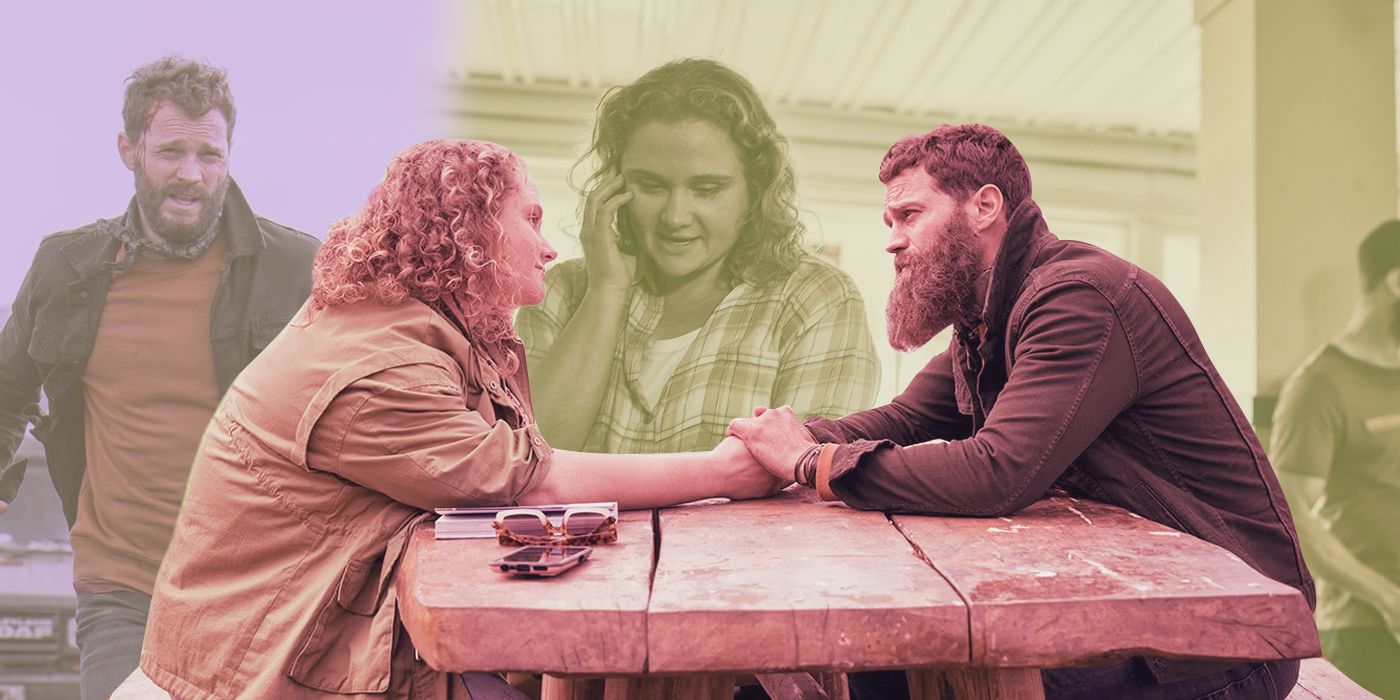 Jamie Dornan as The Man and Danielle Macdonald as Helen Chambers holding hands at a table in The Tourist