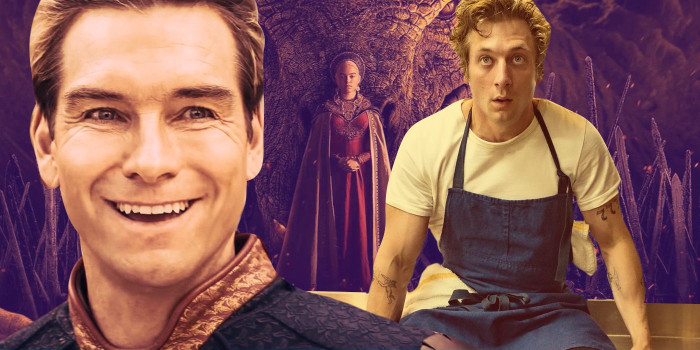 An edited image featuring the lead protagonists from The Boys, The Bear, and House of the Dragon