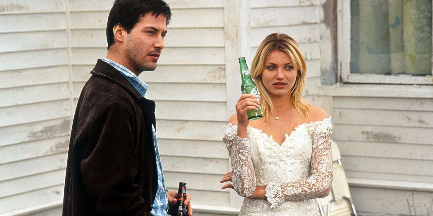 Keanue Reeves and Cameron Diaz next to a house in Feeling Minesota