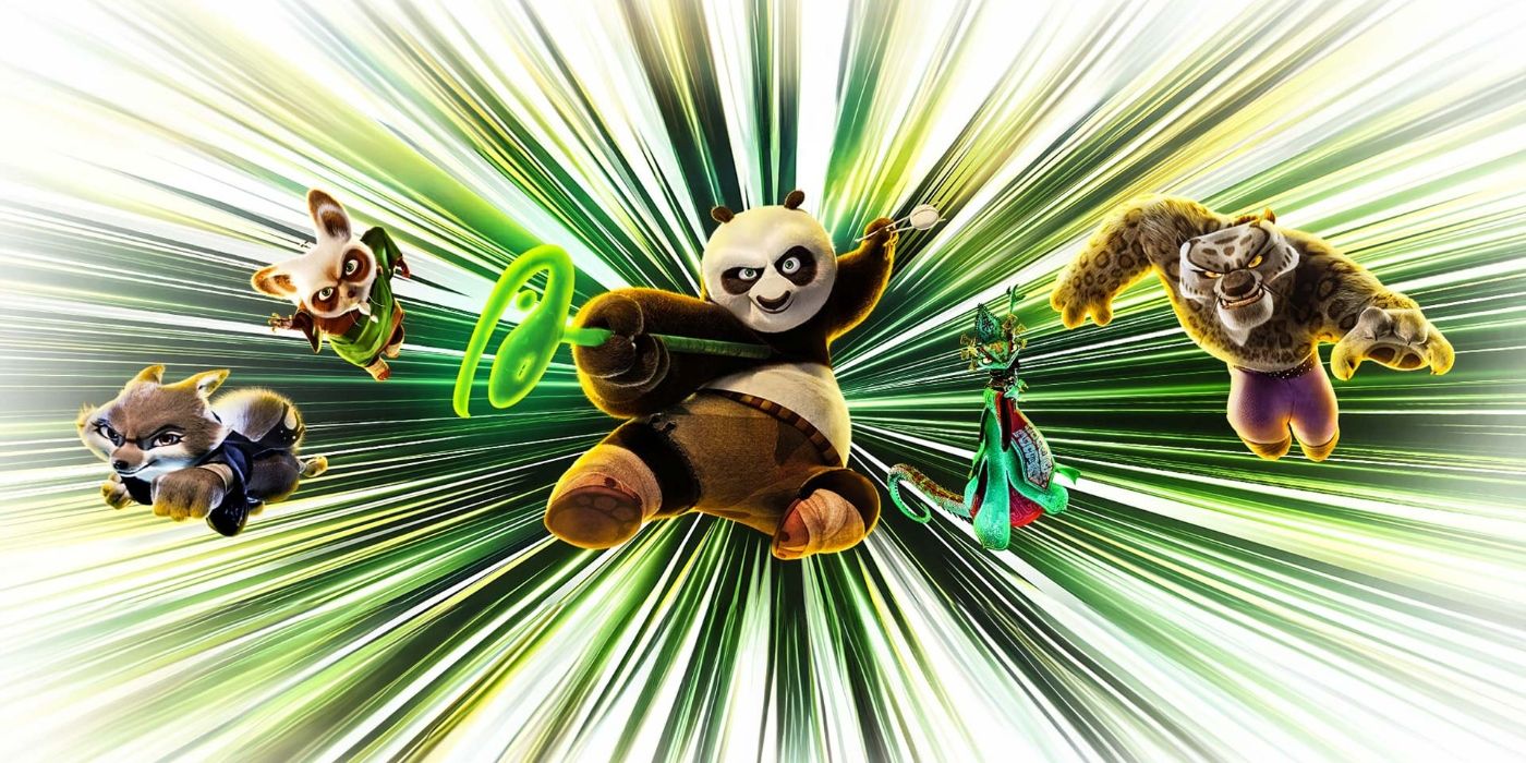 Kung Fu Panda 4 characters in poster jumping toward the screen
