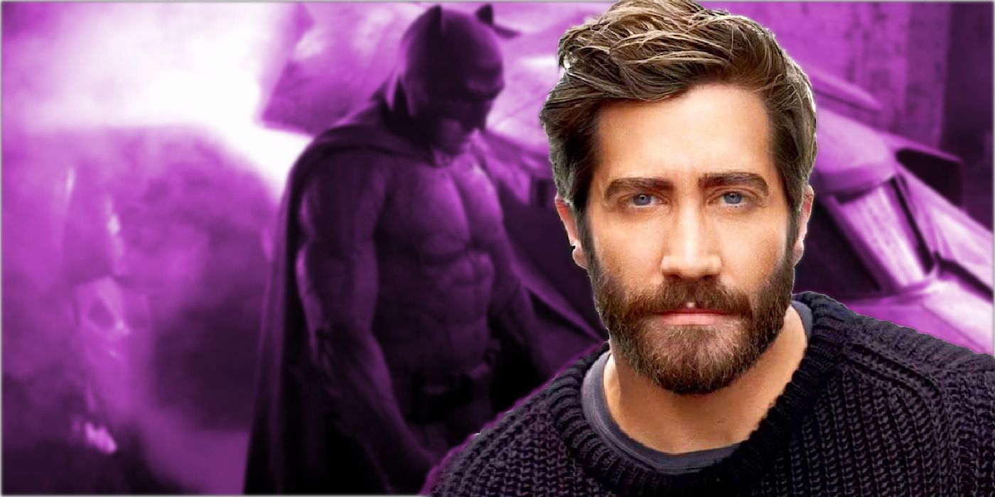 Jake Gyllenhaal with a colorized image of Batman behind him