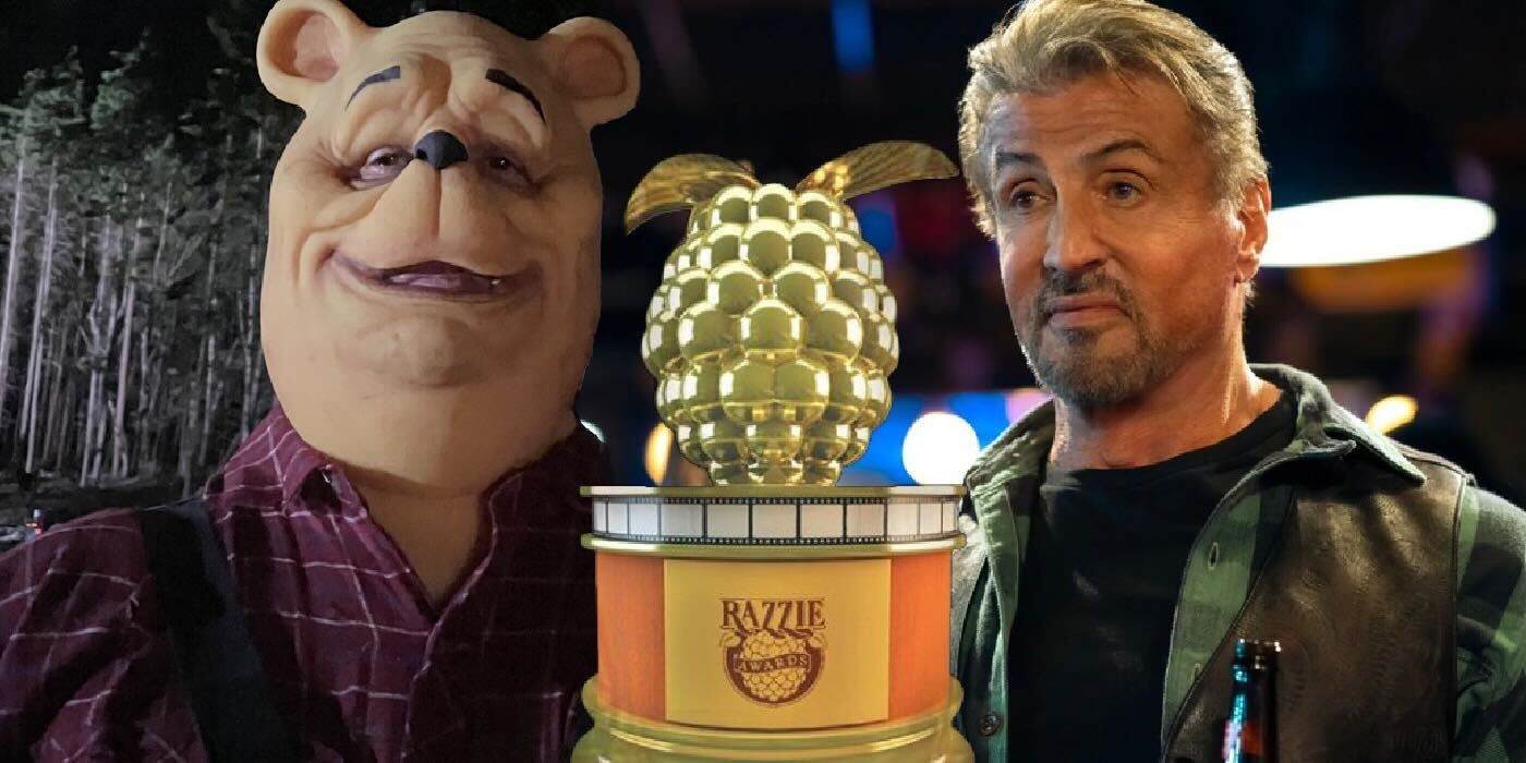 Composite of Winnie the Pooh and Sylvester Stallone with a Razzie Award