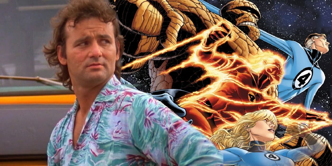 Bill Murray in a flamboyant shirt with a comic image of The Fantastic Four