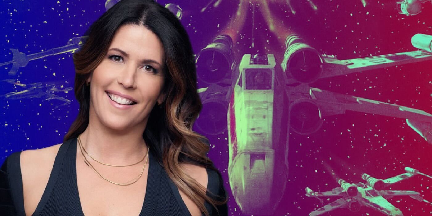 Patty Jenkins smiling overlaid on a Star Wars X-wing image