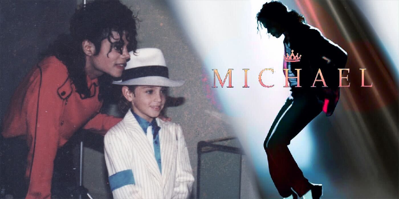 A scene from Leaving Neverland and the logo from Michael featuring Michael Jackson