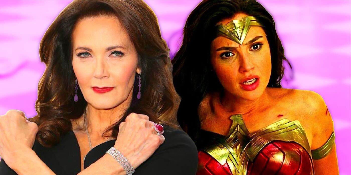 Lynda Carter with arms crossed and Gal Gadot as Wonder Woman