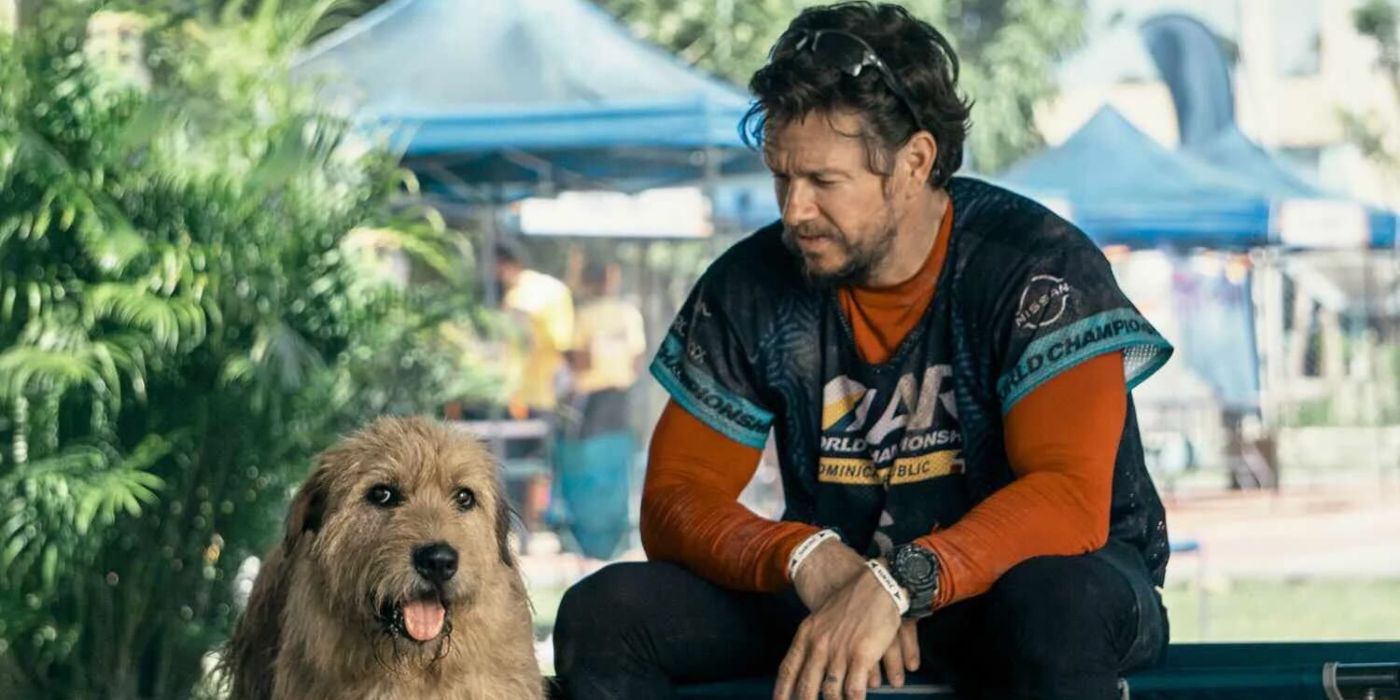 Mark Wahlberg as Mikael Lindnord wearing running gear sitting next to a dog in Arthur the King