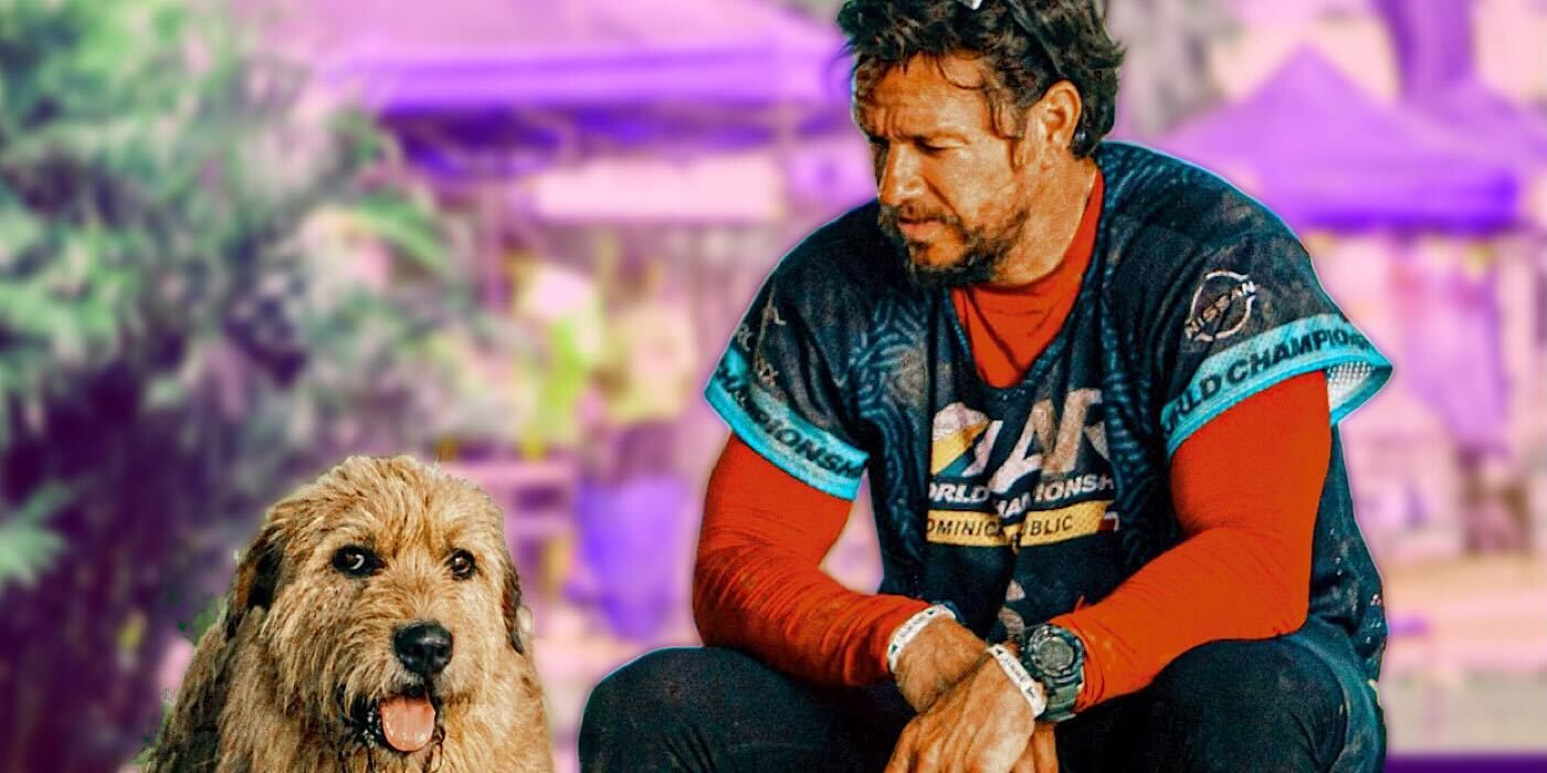 Mark Wahlberg with a dog in Arthur the King