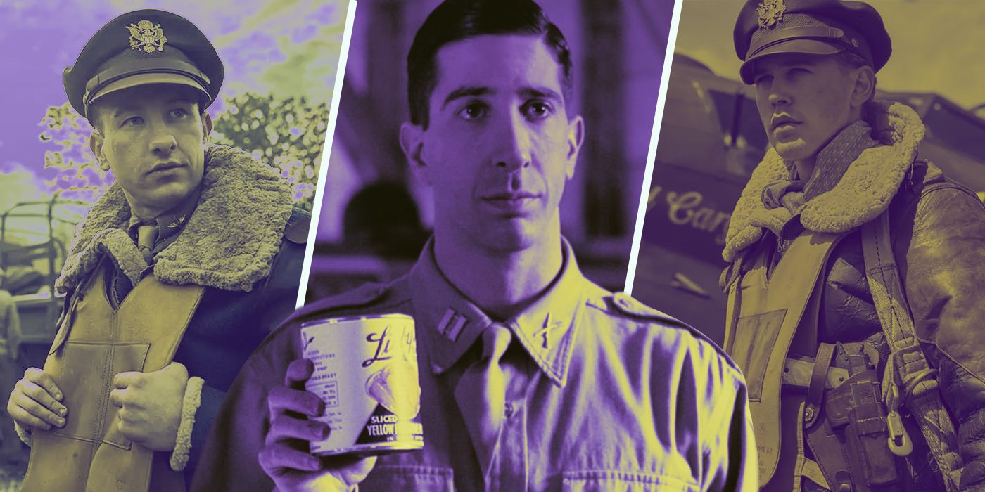 David Schwimmer as Captain Herbert Sobel in Band of Brothers with Austin Butler and Barry Keoghan in Masters of the Air