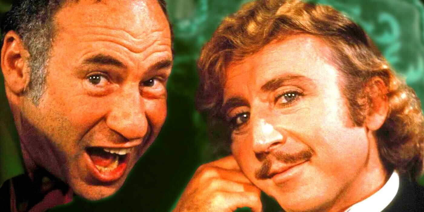 Mel Brooks laughing with Gene Wilder sporting a moustache