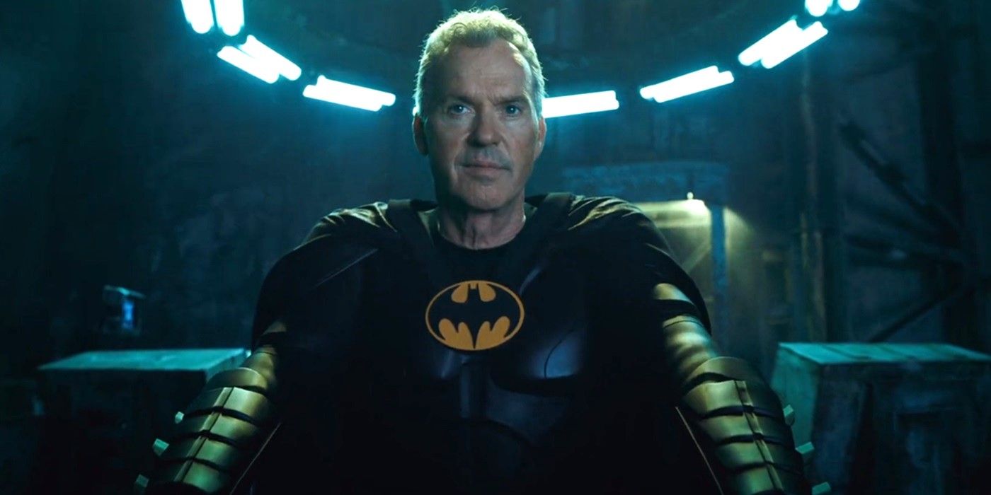 Michael Keaton wearing the Batsuit with no mask in The Flash.