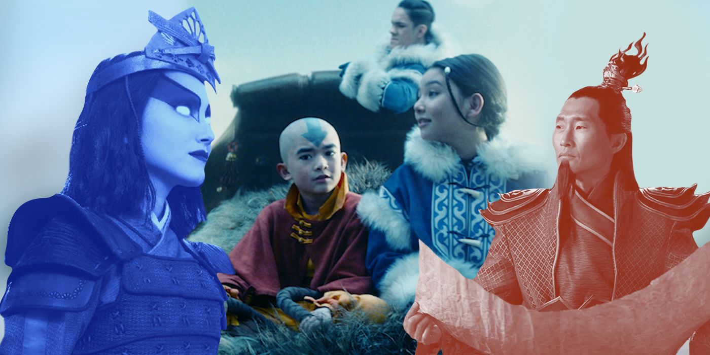 An edited image of Avatar including Gordon Cormier as Aang, Daniel Dae Kim as Ozai, and Yvonne Chapman as Kyoshi