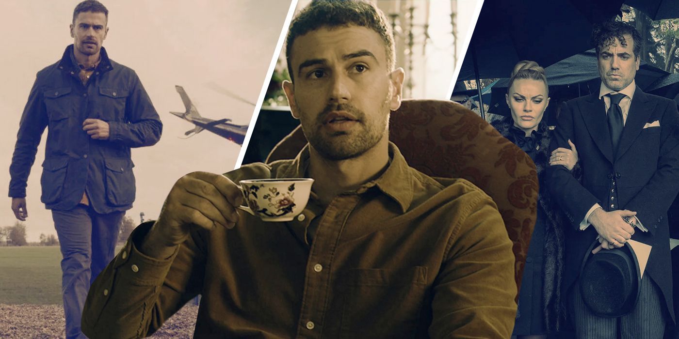 Theo James drinking a cup of tea and walking near a helicopter in Netflix's The Gentlemen series