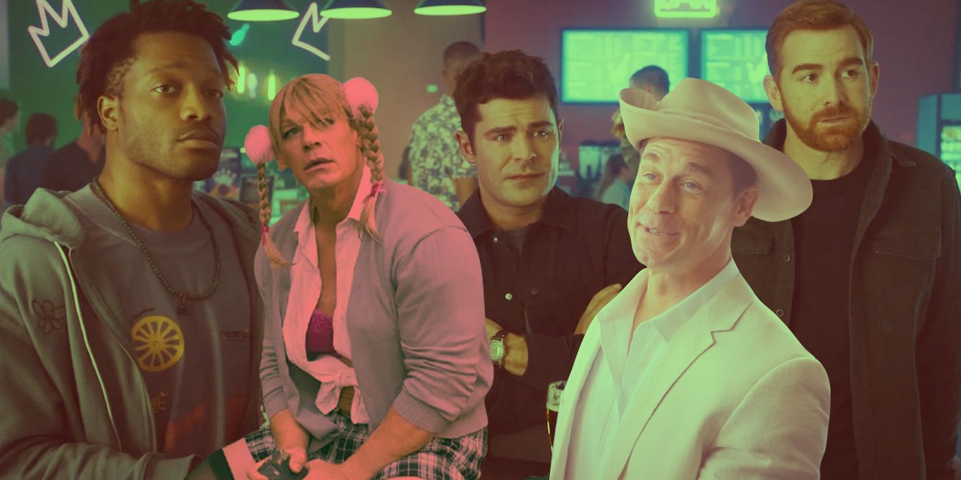 Zac Efron as Dean and John Cena as Ricky Stanicky with other cast members in a bar in Ricky Stanicky