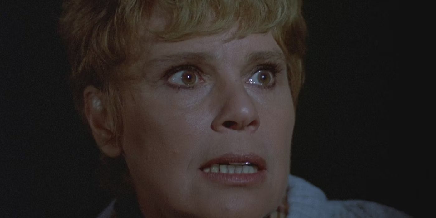 Close-up of Pamela Voorhees' (Betsy Palmer) face in Friday the 13th