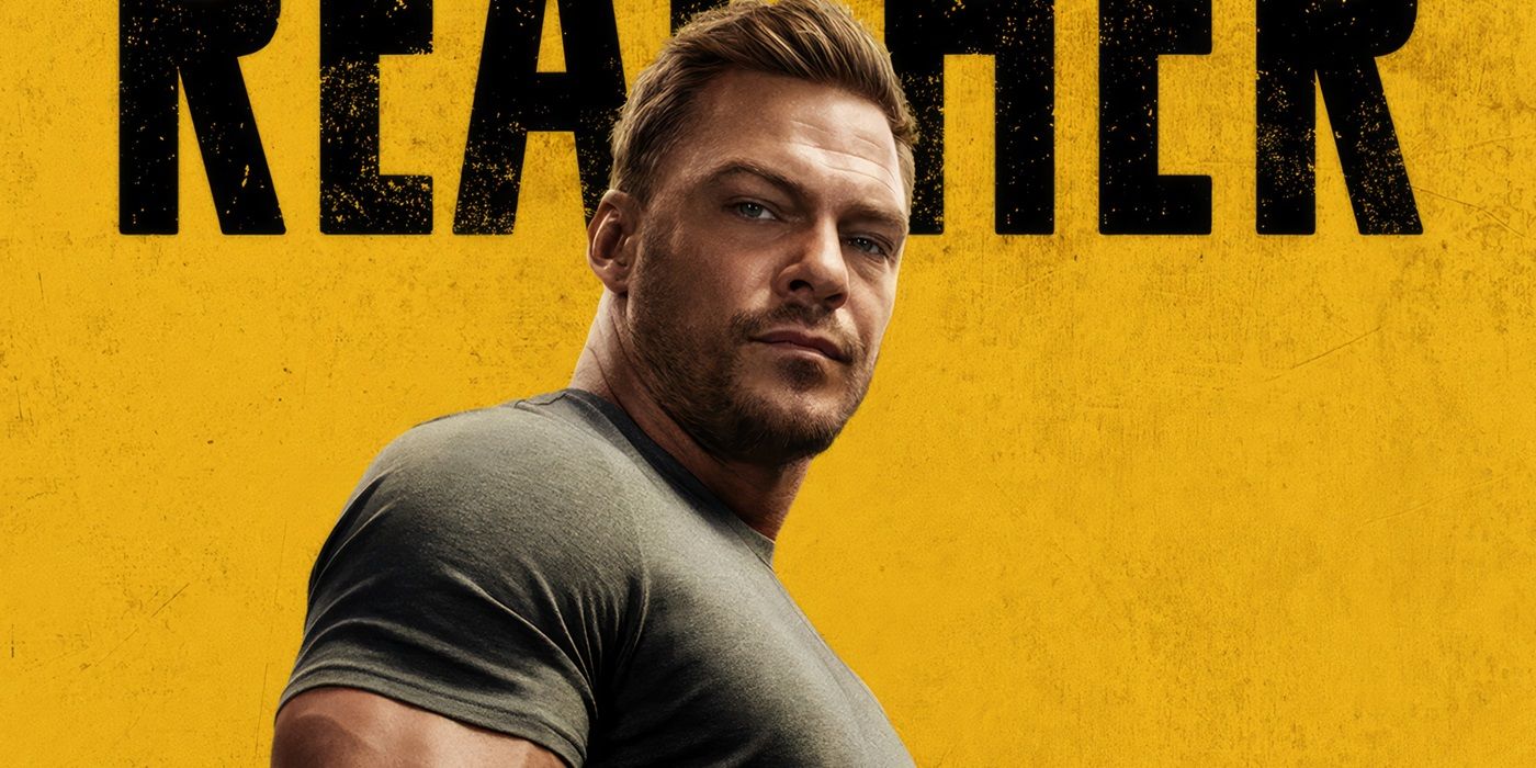 Alan Ritchson as Jack Reacher against a yellow background.