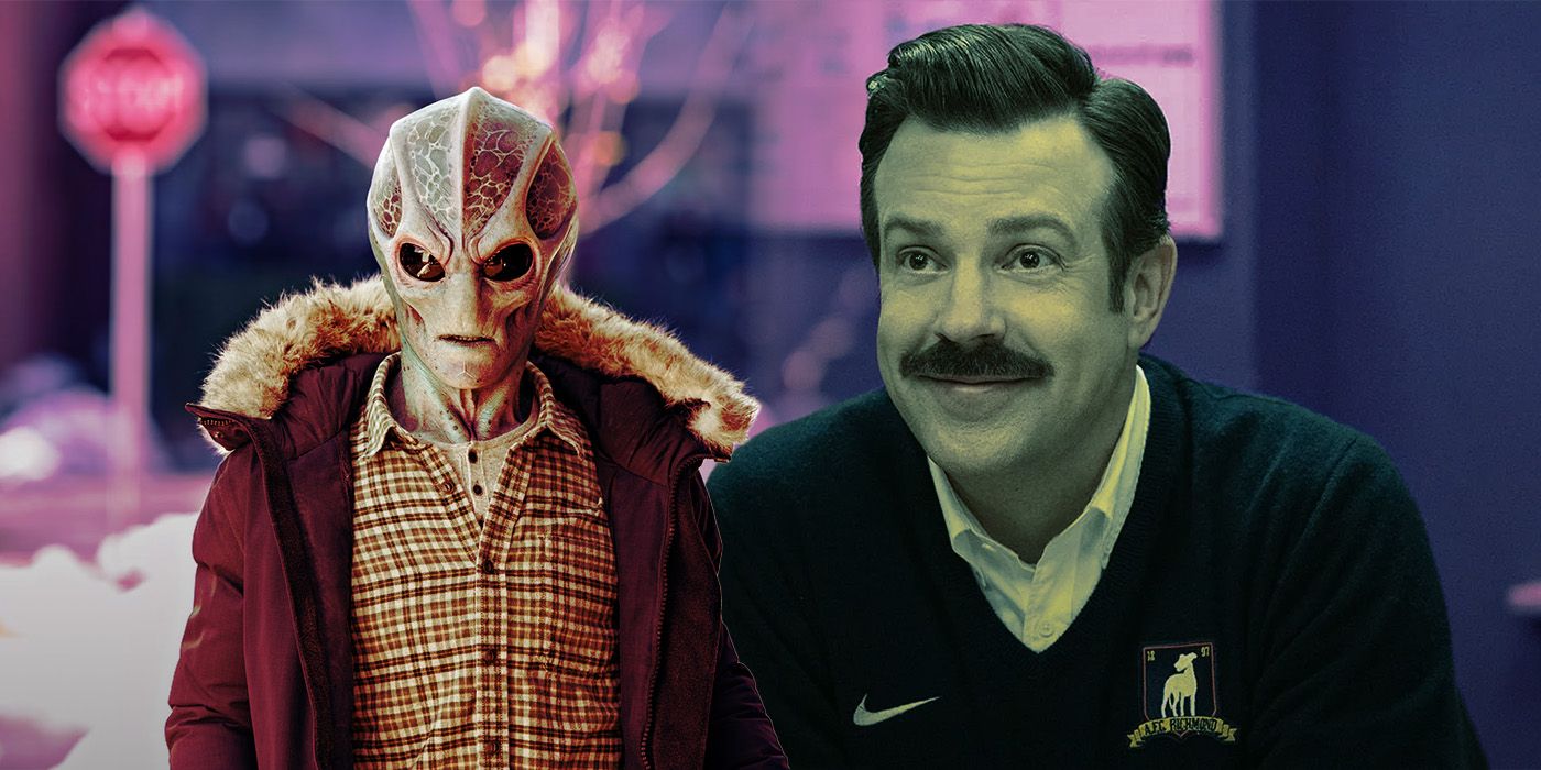 An edited image of an alien wearing human clothes walking down the street in Resident Alien next to Ted Lasso smiling