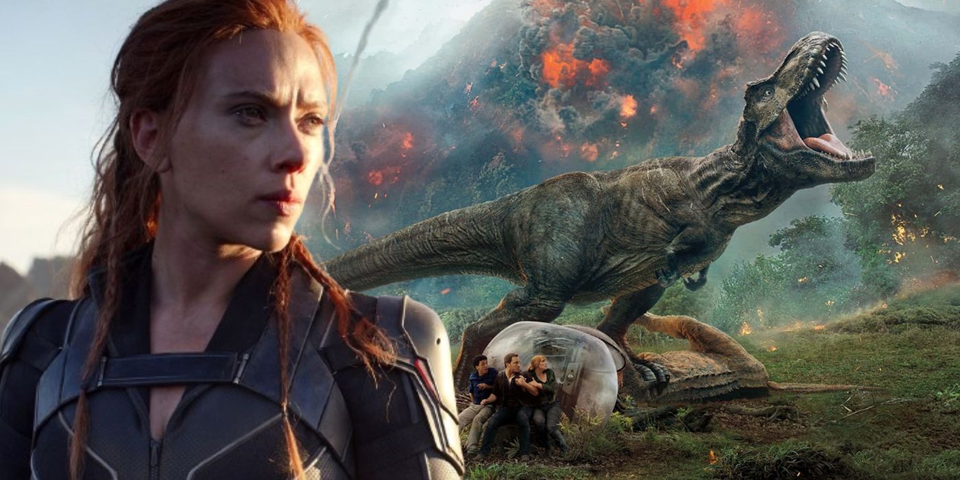 Scarlett Johansson as Black Widow alongside a T-Rex.