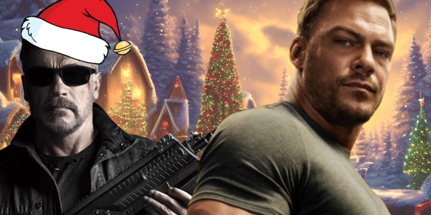 Arnold Schwarzenegger wearing a Santa hat alongside Alan Ritchson as Reacher.