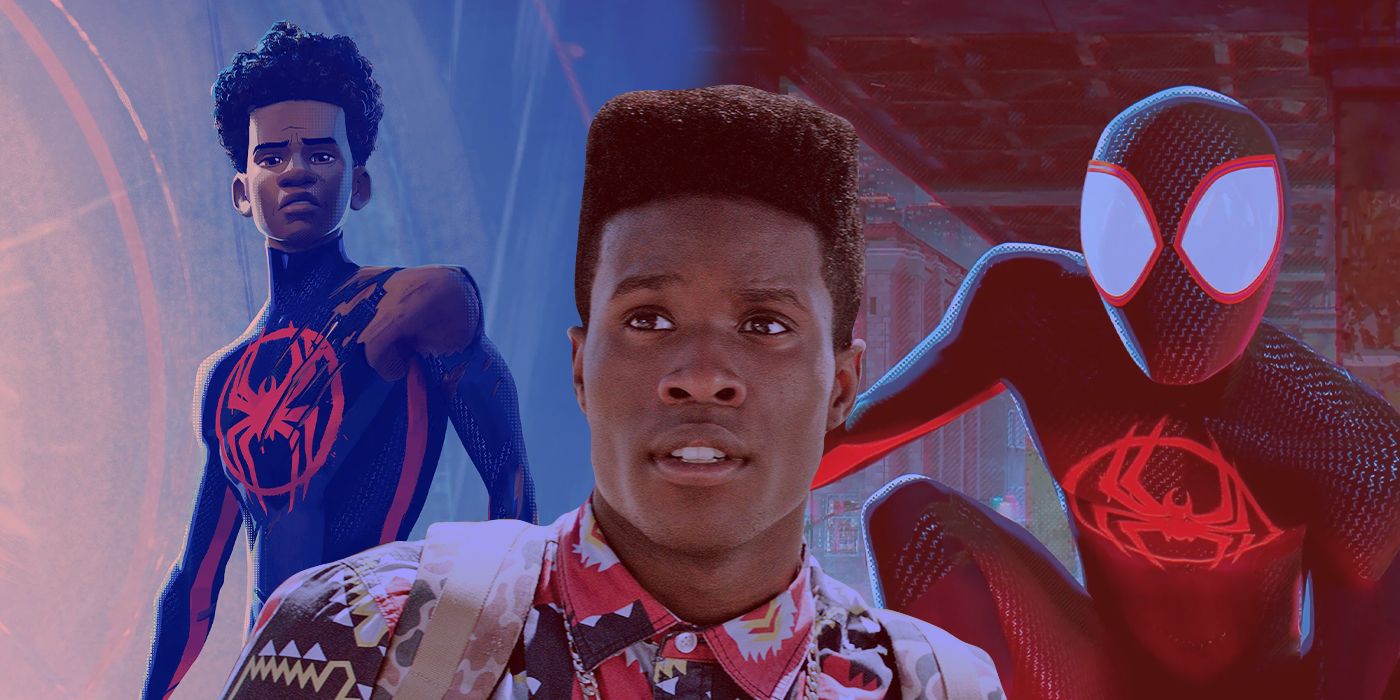 Shameik Moore in an edited image next to his animated Miles Morales Spider-Man character