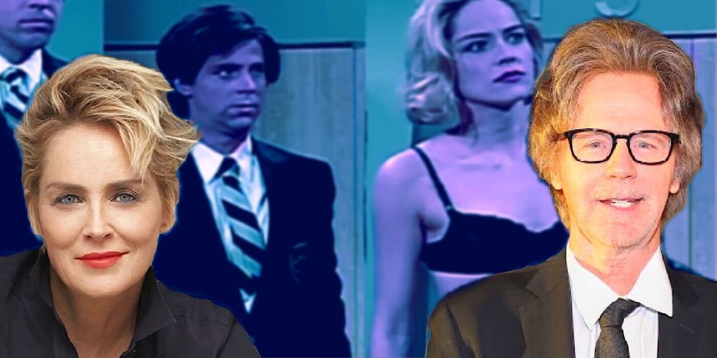Sharon Stone and Dana Carvey with SNL Sketch background