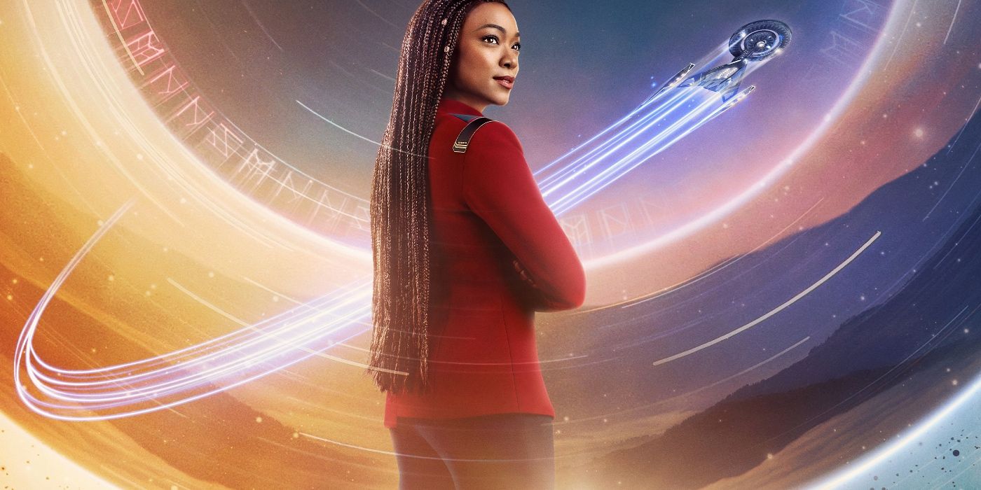 Sonequa Martin-Green as Michael Burnham with the Enterprise flying behind her in Star Trek: Discovery