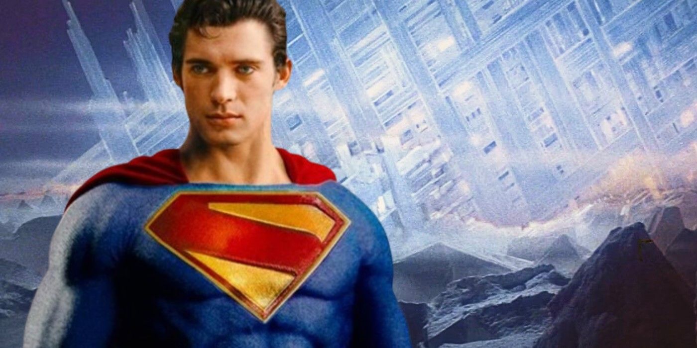 An edited image of Corenswet as Superman in front of the Fortress of Solitude.