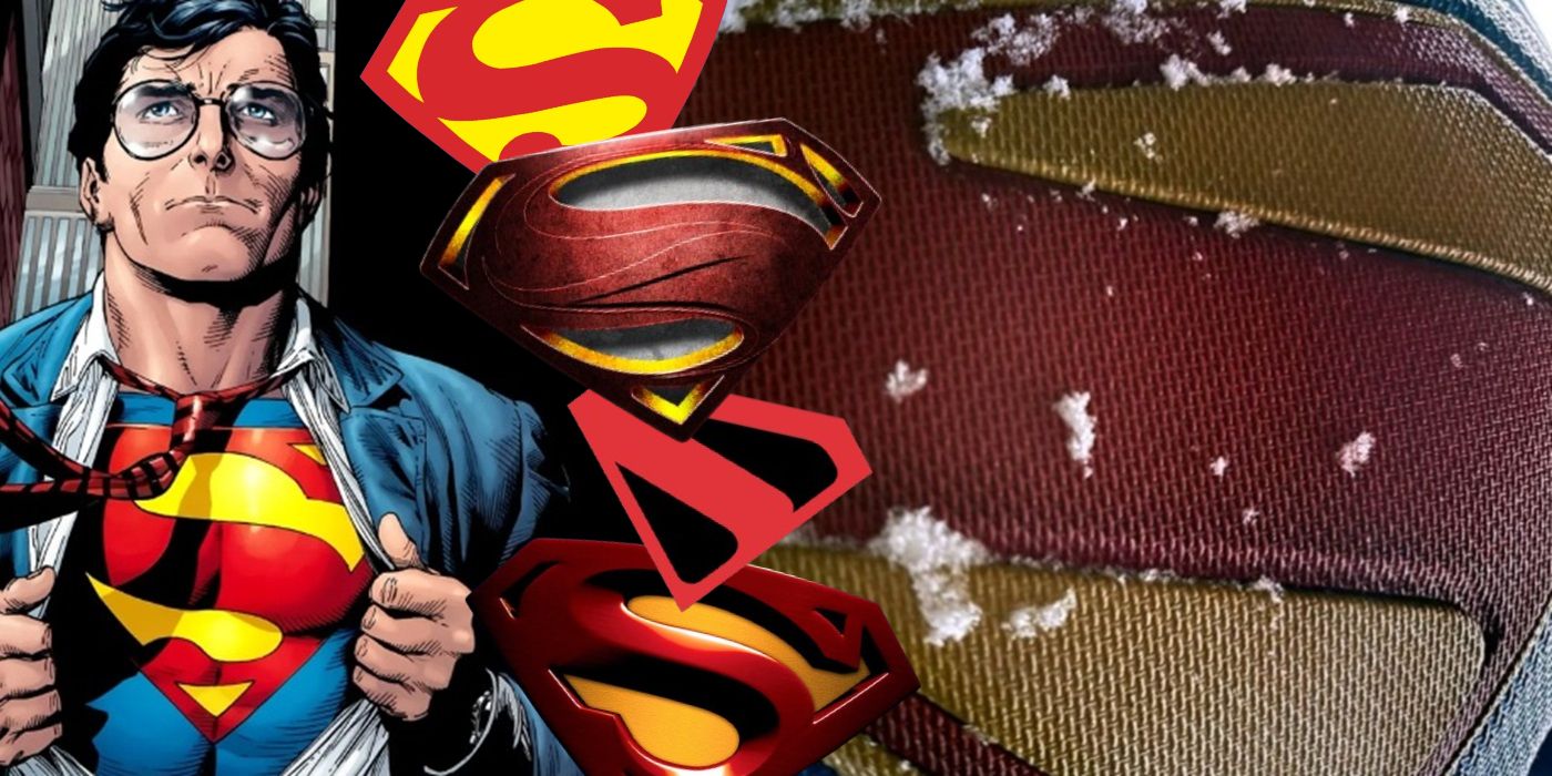 Clark Kent alongside various Superman logos.