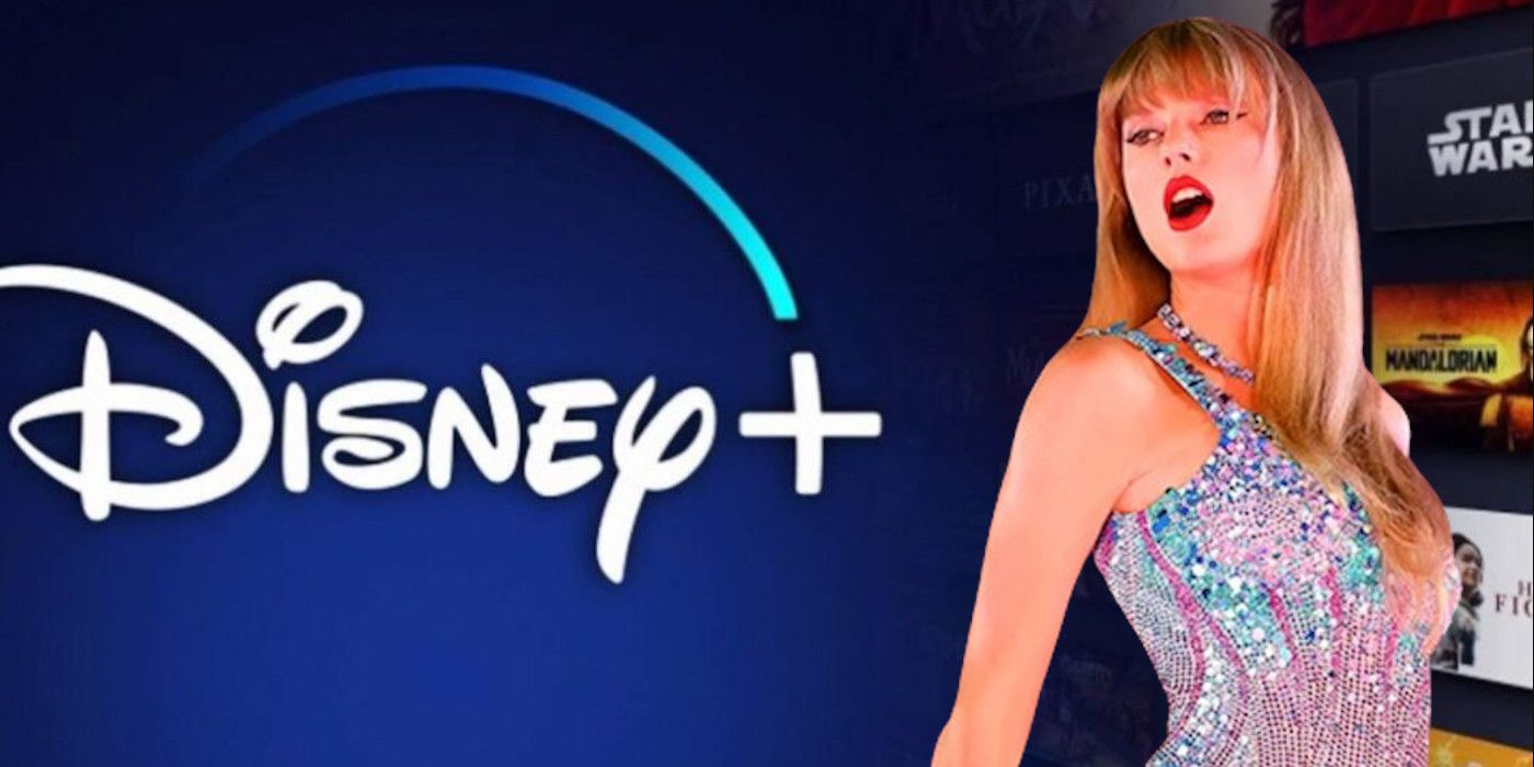 Taylor Swift from The Eras Tour over the Disney Plus logo.