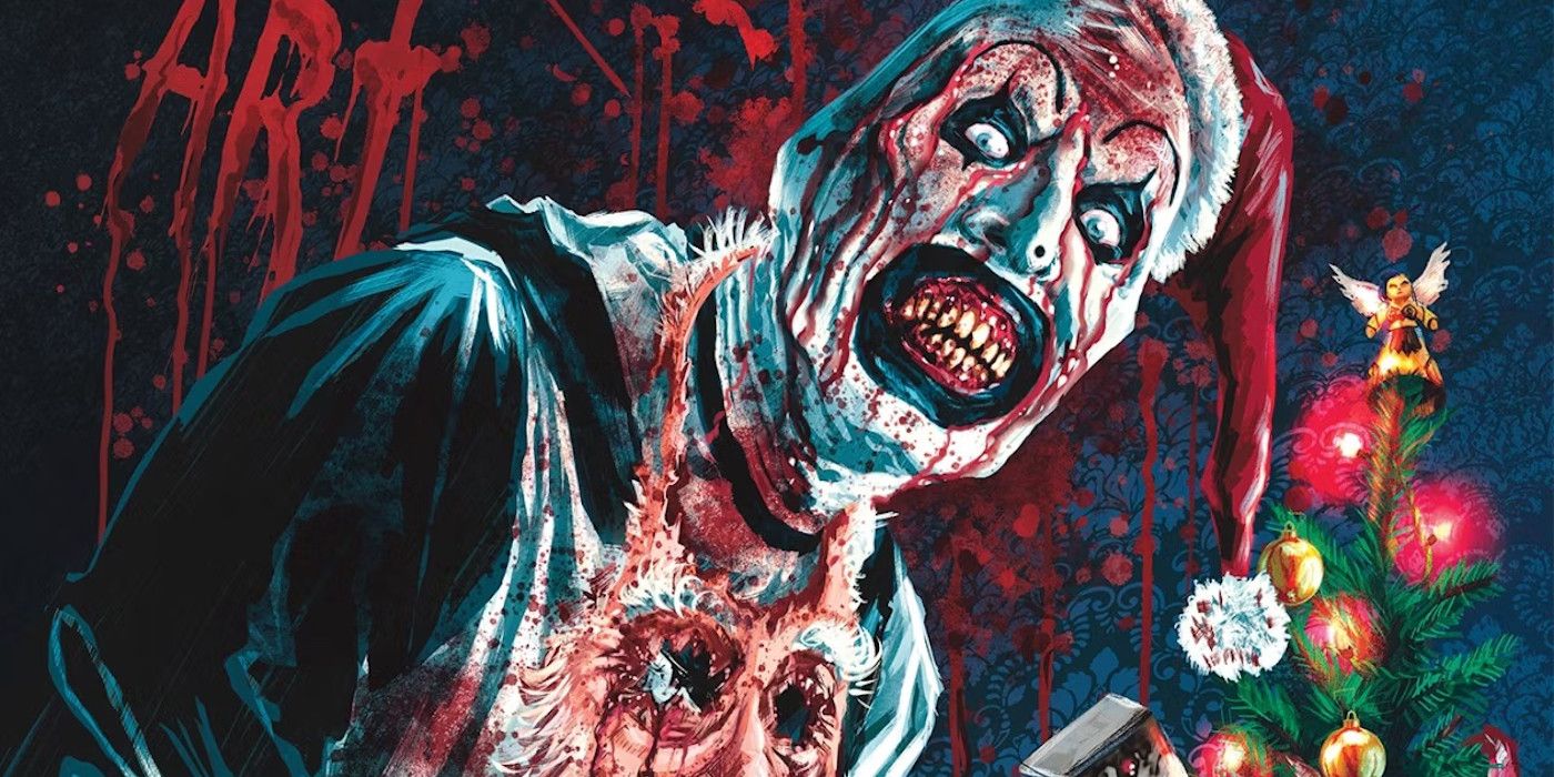 Promotional poster for Terrifier 3 featuring a bloody Art the Clown