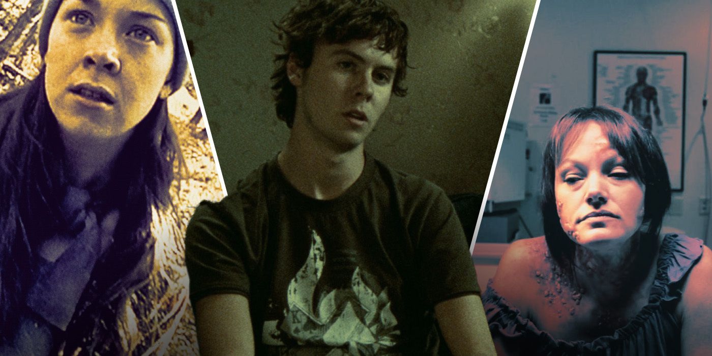 A collage of film stills containing images from The Blair Witch Project, Lake Mungo and The Bay