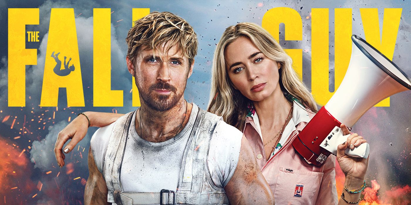 Ryan Gosling as Colt Seavers and Emily Blunt as Jody Moreno standing together on a poster for The Fall Guy
