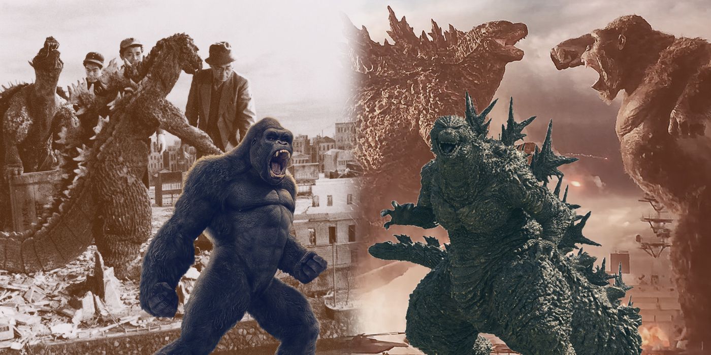 Godzilla and King Kong in various films through the years both fighting and teaming up