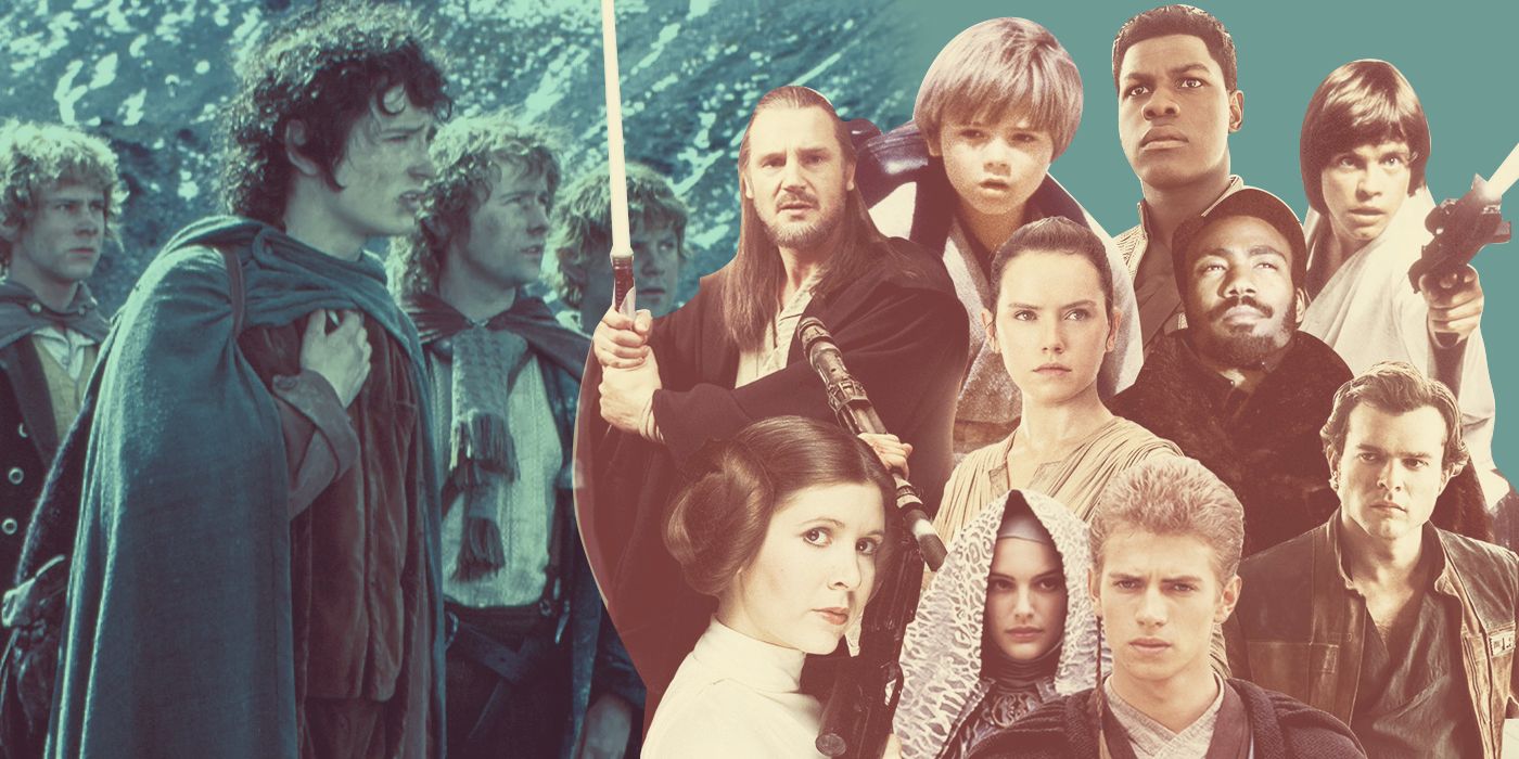 An edited image of different characters from Star Wars and Lord of the Rings including Anakin, Frodo, and Princess Leia