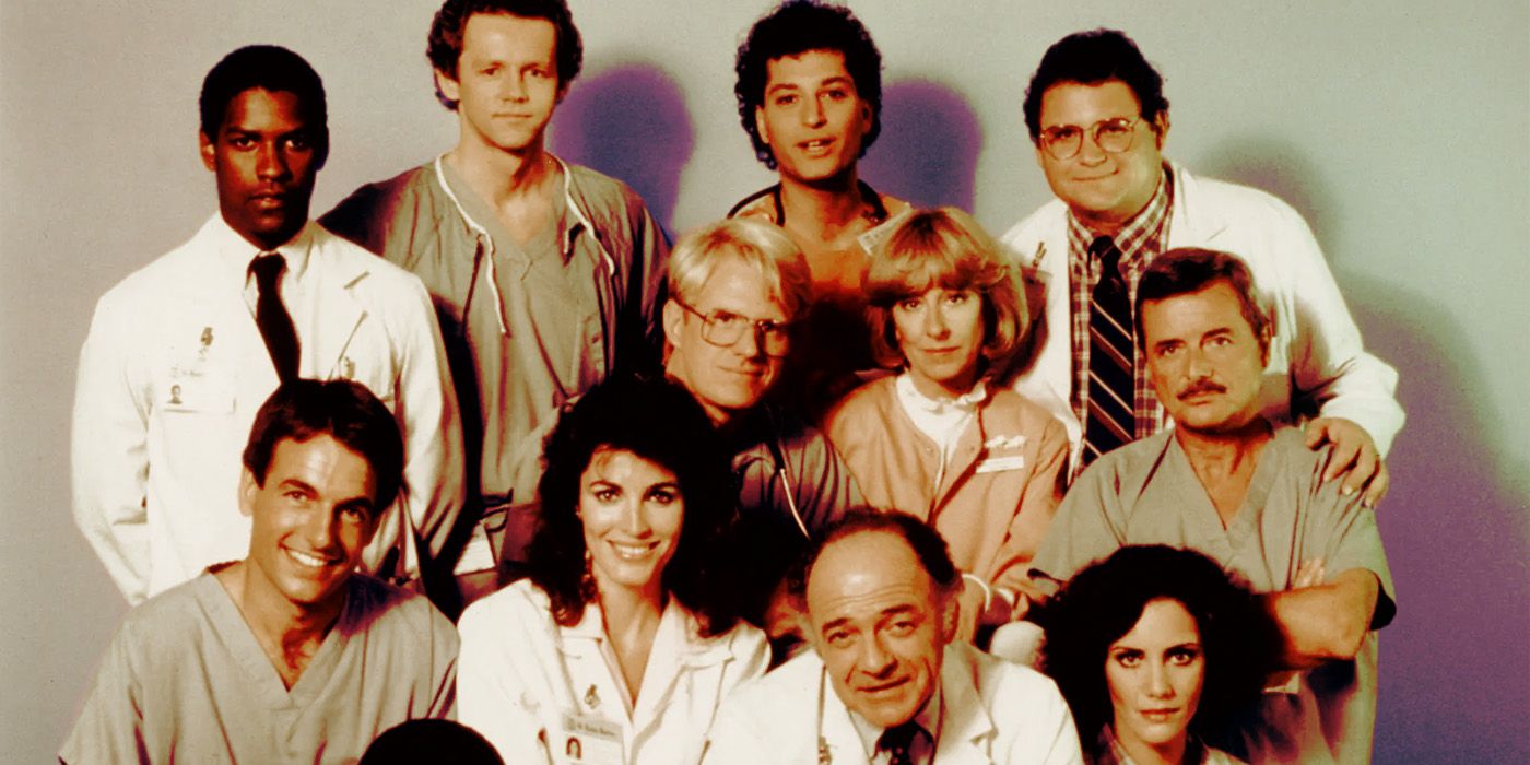 The cast of St Elsewhere including Ed Flanders, William Daniels, Denzel Washington, Ed Begley Jr., and many others
