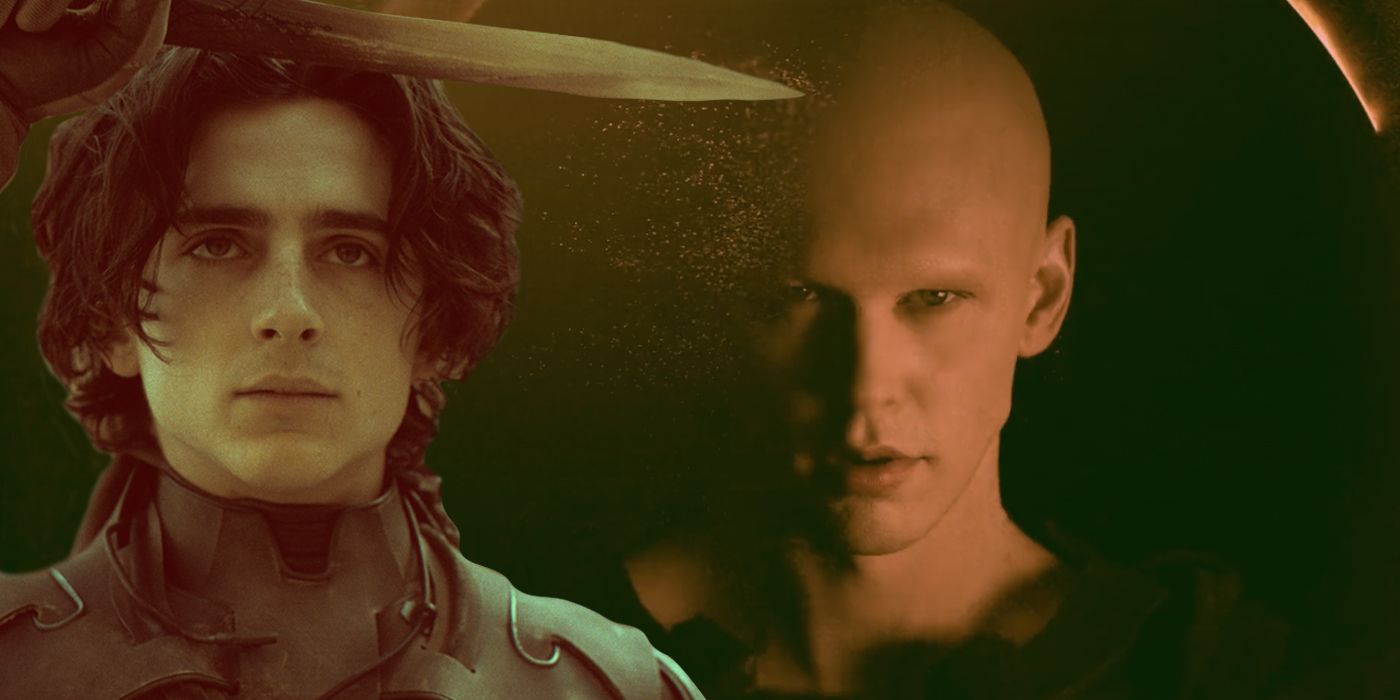 Timothee Chalamet as Paul Atreides and Austin Butler as Feyd Rautha in Dune Part Two 