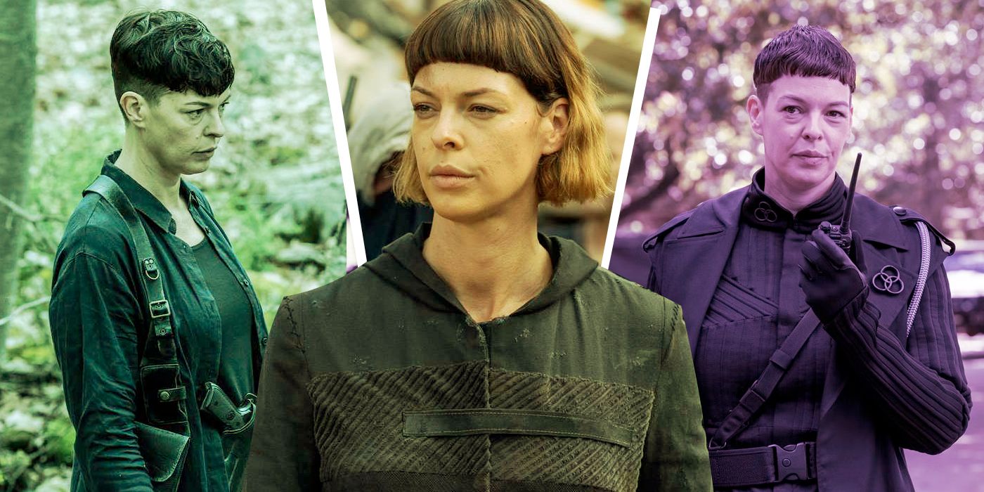 Pollyanna McIntosh as Jadis wearing black armor in an edited image of The Walking Dead: The Ones Who Live